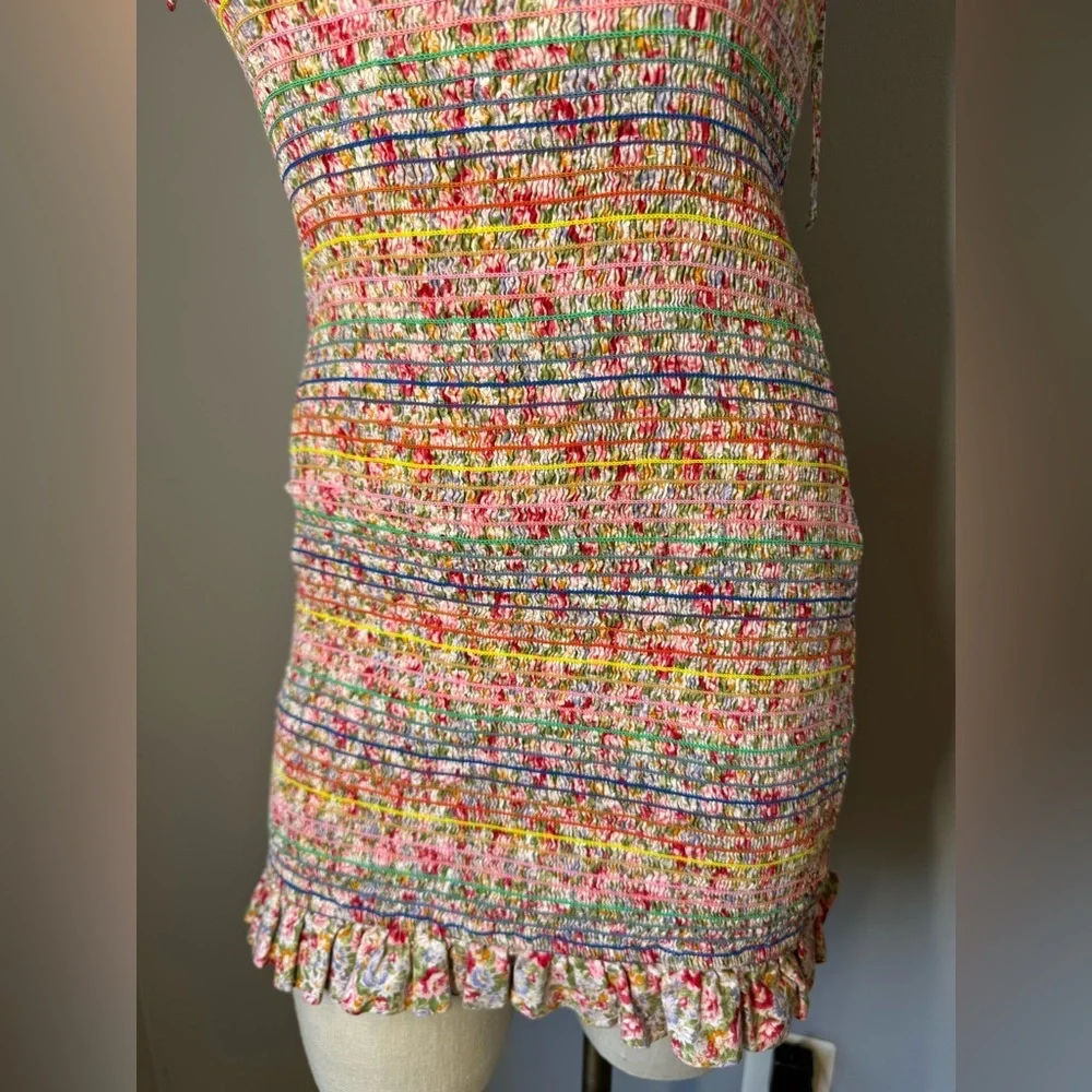 Storia Rainbow Floral Smocked Ruffle Bodycon Spaghetti Tie Strap Mini Dress Sz S